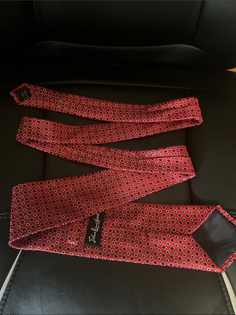 #3,006** John Langford London: Red Micro-Flower Pattern Silk Tie